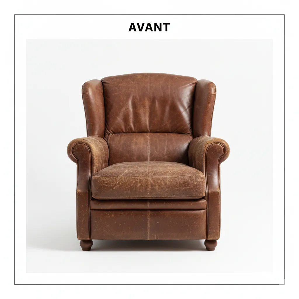 Fauteuil en cuir restauré, avant la restauration